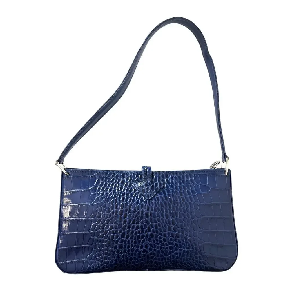 Longchamp Roseau Blue Croc Embossed Shoulder Bag Vintage Y2K Bamboo Toggle